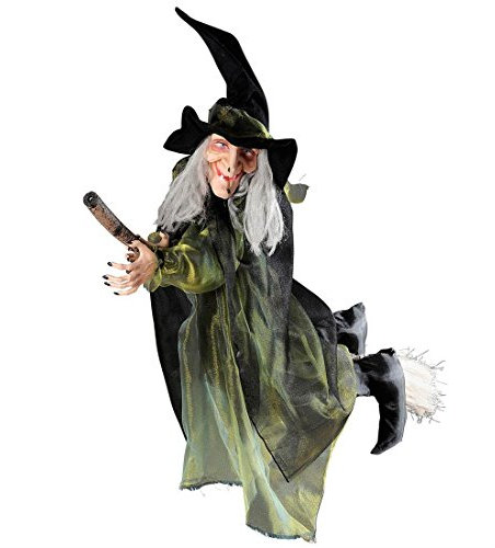 NET TOYS Fliegende Hexe mit Besen Halloween Figur 100 cm Hexen Dekoration Hexenfigur mit Besen Magierin Schocker Deko Horror Raumdekoration