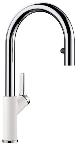 BLANCO CARENA-S Vario | Küchenarmatur in silgranitweiß/chrom | Hochdruck | Mit herausziehbarem Schlauch | Wechsel von Klarstrahl in Brausestrahl | Gesicherte Wasserqualität & wassersparend