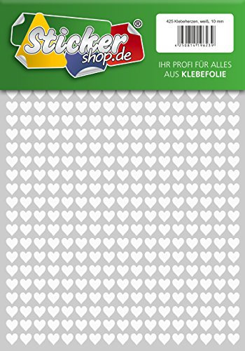 425 Klebeherzen, 10 mm, weiß, aus PVC Folie, wetterfest, Herz Sticker Aufkleber