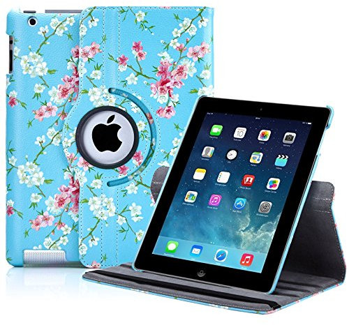 32nd Floral Series - Design PU Leather Book Folio Case Cover for Apple iPad 2, 3 & 4, Designer Flower Pattern Flip Case With Built In Stand - Spring Blue