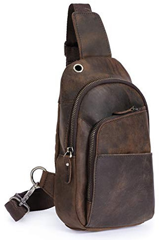 Le’aokuu Herren Echtes Leder Hüfttasche Brusttasche Bauchtsche Crossbody Bag Sling Bag Schultertsche Brustbeutel Alltag Sport Tasche 8010 (8010 A Braun)