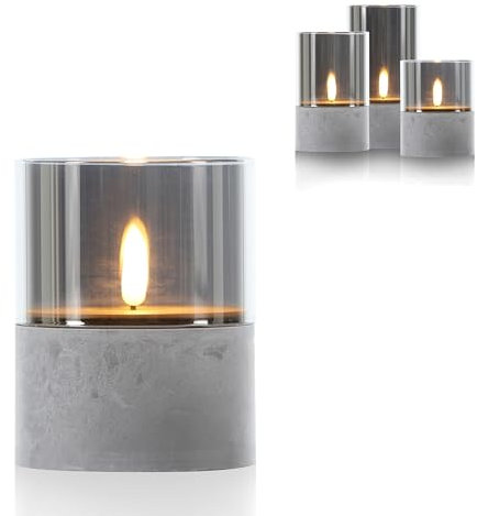 Schlaraffenland LED Kerze Gracia klein Ø8x10 cm aus Glas-Zement | Grau | Timerfunktion | Batteriebetrieben | LED Kerzen mit Flackernder Flamme für Deko | Elektrische Kerzen