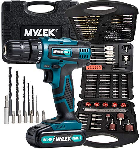 MYLEK 18V Cordless Drill Driver Electric (131 Piece Drill Set & 1 Battery, Blue)