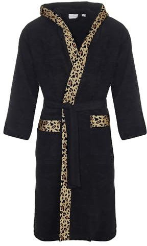 Class Home Collection Bademantel Damen & Herren mit Kapuze – 100% Baumwolle Frottee, weich, saugstark & lang – Unisex Morgenmantel für Spa & Zuhause – OEKO-TEX zertifiziert Leopard Gr. L