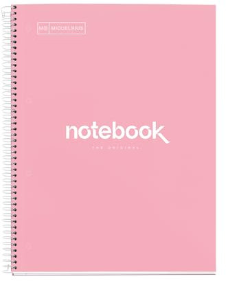 Miquelrius - Notizbuch A4 Notebook, 1 farbiger Streifen, 80 Blatt mit horizontalem Lineatur 7 mm, Papier 90 g/m² mikroperforiert mit 4 Bohrungen für 4 Ringe, Einband aus Karton, Farbe Rosa