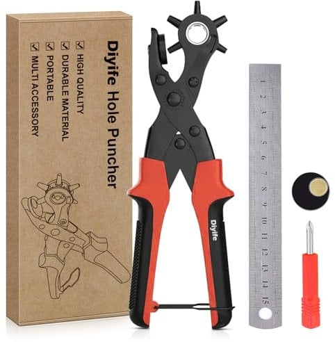 Leder Locher [Volles Set] Diyife® Professionel Gürtel Locher, Haushalt Revolverlochzange, Mit 2 Extra Punch Platten &Lineal, 6 Größen, Für Gürtel, Kunsthandwerk, Karte, Gummi, usw. - Rot