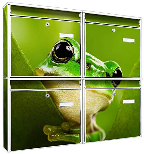 Briefkastenanlage 4 Fach | Postkästen 72x64x10cm groß | verzinkter Stahl weiß DIN A4 Motiv Frosch | Briefkasten Set 4 Briefkästen Namensschild, 2 Schlüssel, Montagematerial