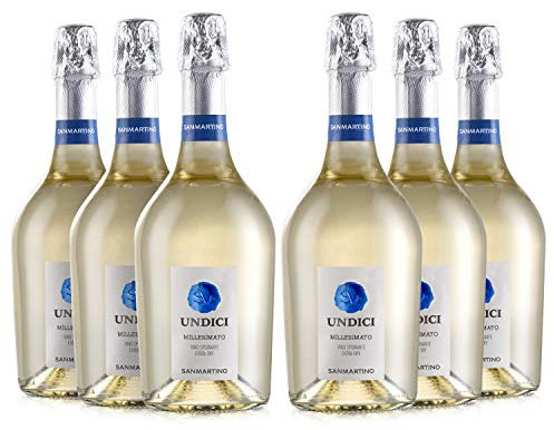 SAN MARTINO VINI Undici Bianco Spumante Millesimato Exra Dry, 6 Bottiglie Vino Frizzante x 750 ml, Vino Bianco d'Annata, Gusto Fresco, Ideale con Piatti di Pesce e Aperitivo, 11% Vol