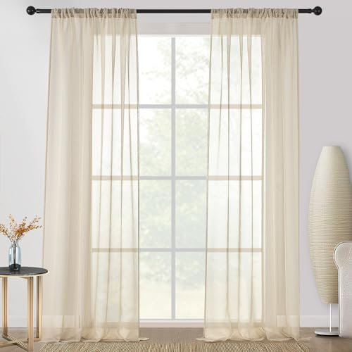 CUTEWIND Vorhang mit Stangendurchzug Voile Vorhänge Schlafzimmer Transparent Vorhang für große Fenster 140x260cm BxH 2er-Pack Beige
