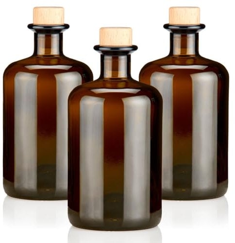 3x Apothekerflaschen braun 500ml leer Holzkorken natur, elegante Braunglas Flaschen schwarz antik für Öl, Gin, Kräuter Schnaps od. als Geschenk 0,5L Glasflaschen