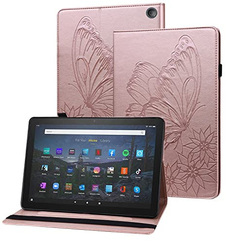 Rostsant Funda Kindle Fire HD10 2021/Kindle Fire HD10 Plus Carcasa de Cuero PU Relieve de Mariposa con Soporte para Bolígrafo Funda Tableta para Kindle Fire HD10 2021/Kindle Fire HD10 Plus Oro Rosado