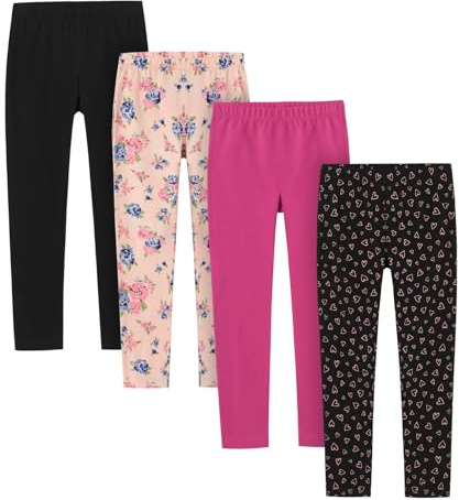 LAPASA Pacco da 4 Leggings Bambina Sportivi Yoga Elastici Comodi età 3-13 Anni G11 5-6 Anni Nero, Floreale #1, Rosa, Cuori Rosa