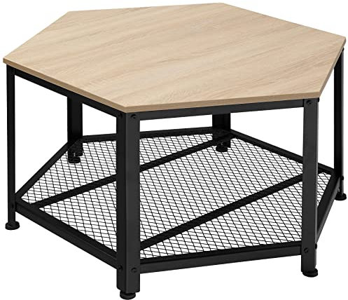TecTake® Table Basse Salon hexagonale 86,5 x 75 x 46,5 cm, Table Basse Style Industriel à 2 Niveaux, Bout de canape, Meuble Salon, Meuble Bureau, Chambre, Décoration Maison, Rangement, Bois Clair