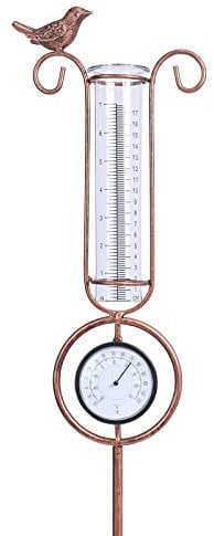 MUMTOP Regenmesser für den Außenbereich, 91,4 cm, Metall-Vogel-Gartenstecker mit Thermometer für Rasen, Hof und Garten (Bronze)