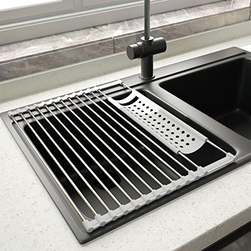 GOOPOOL Escurreplatos Acero Inoxidable sobre Fregadero Secador de Rollos de Acero Inoxidable Plegable y Extraíble Cesta de Malla de Drenaje Red 43CM*32.5CM Gris