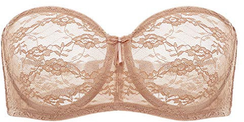 DOBREVA Women's Strapless Bras See Through Sheer Lace Non Padded Underwired Multiway Bra Natural 38DD