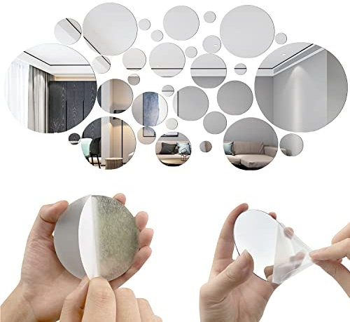 SHUIYUE 32 Runde Acryl Spiegel Wandaufkleber, Abnehmbare Acryl Fassung, Wandaufkleber, DIY Spiegel Wandaufkleber, FüR Zuhause, Schlafzimmer, Hintergrunddekoration(Silber)