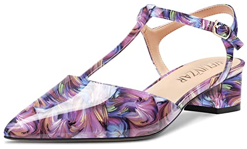 HEUIVZAR Donna T-strap a Punta Pumps Sandali Basso Blocco Chunky Tacco Heel Cinturino alla Caviglia Slingback Verniciata Dress Scarpe 3.5 CM