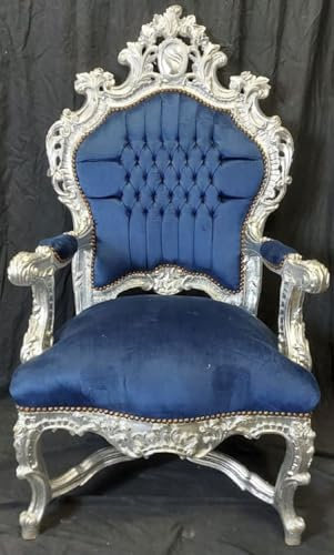 Casa Padrino Barock Thron Sessel Blau/Silber - Handgefertigter Massivholz Sessel im Barockstil - Antik Stil Sessel - Antik Stil Möbel - Barock Möbel - Edel & Prunkvoll