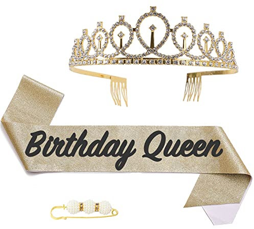 POPOYU Birthday Queen Krone und Schärpe,Sweet Birthday Krone Frauen,Geburtstag Tiara Goldfarben,deko Geburtstag Schärpe,Geburtstag Frau Kopfbedeckung für Geburtstagsgeschenk Partyzubehör