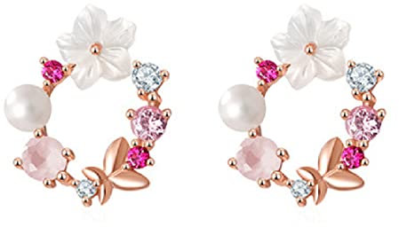 LEEQ Silber Ohrstecker, Mit Hübscher Schmetterling Bunte Blumen Perle, Für Partei, Hochzeiten, Verlobungen(Rose Gold)