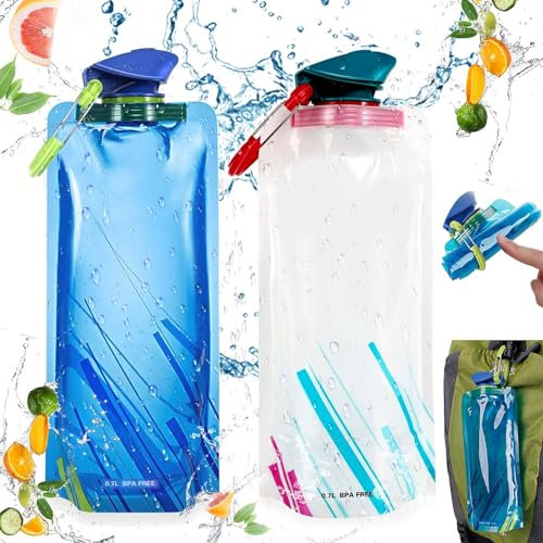 SoundZero 2 Pièce Bouteilles d'eau pliables, bouteilles d'eau pliable 700ml, Bouteille d'eau Réutilisable Flexible, Pliable Avec Crochet Bouteille de Sport Pliable, travel water bottle foldable
