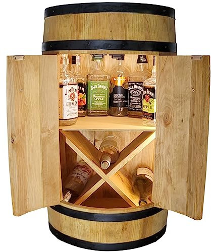 weeco Wooden Barrel with Door and X Wine Rack. Barrel for Beer, Wine, Whiskey, Gin, Cupboard for Glasses and Bottles. Handmade Solid Wood Bar in Rustic Style. (Light Brown/Oak)