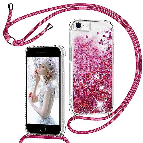 TUUTPU Handyband für iPhone 8/SE 2020/2022/7/6 Hülle mit Band, Glitzer Treibsand Handyhülle mit Kordel zum Umhängen Transparent Stoßfest Schutzhülle mit Kette Schnur, Quicksand Case in Barbie Pulver