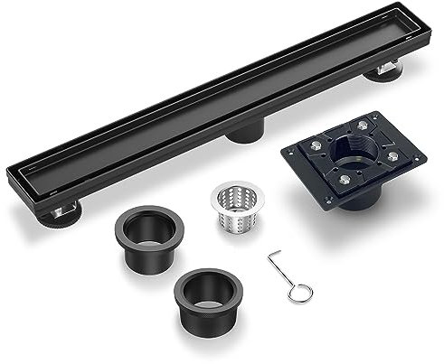 EXF 24 Zoll Linearer Duschablauf Mattschwarz mit ABS-Flansch Wendbarer Flieseneinsatz Rost, 304 Edelstahl Rechteck Dusche Bodenablauf mit Haarfänger, verstellbare Füße