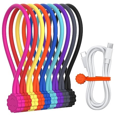 Rich&Ray Magnetic Reusable Silicone Cable Ties, Phone Cord Holder, Magnetic Cable Ties for Headphone Cables, Charging Cable Organizer, Book Markers, Hanging Stuff - 7.48'' (9Colors-9Pack)