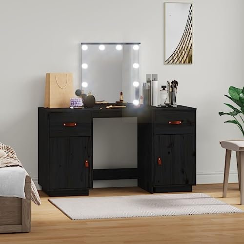 Hommdiy Schminktisch-Set mit LED,Massivholz Kiefer,Kosmetiktisch Frisiertisch Spiegel Schminkspiegel (Schwarz)