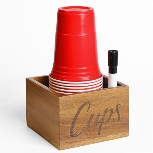 LBEMEY Acacia Wood Cup Holder, Party Cup Organizer Storage Party Cup Dispenser Cup Mark Your Cup and Drink Up for Bathroom Kitchen Coffee Bar Counter Rustic Farmhouse Home Party Decor,Brown