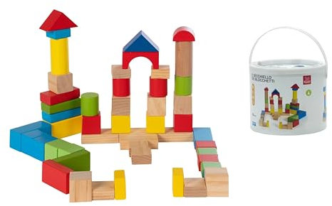 Generico Bunte Holzbausteine für Kinder, Eimer Konstruktionen, Eimer, 50 Stück Holzbausteine, Holzblöcke ab 12 Monaten, Lernspiel