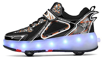 Jungen Mädchen Rollschuhe Schuhe Mit 4 Rollen Skateboardschuhe, Verstellbar Jugend Schuhe mit Rollen und LED Licht, Multifunktionale Sportschuhe Outdoorschuhe für Kinder Erwachsene…-Schwarz||36