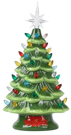 Albero di Natale in ceramica illuminato senza fili vintage decorazione natalizia da tavolo, pre-illuminato, mini lampadine colorate 33,3 cm, verde tradizionale