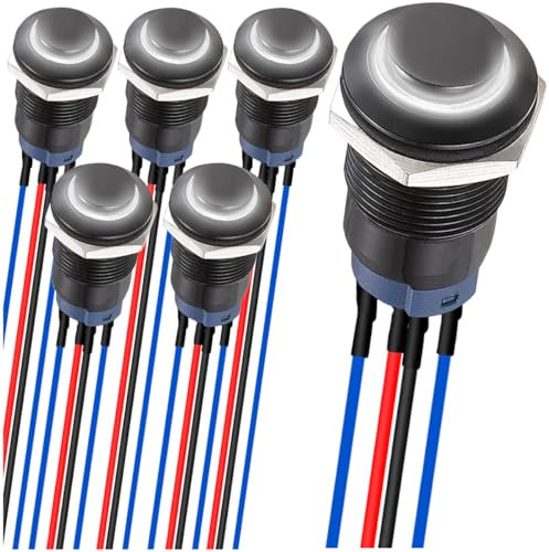 MKBKLLJY 6St. 12 mm einrastende LED-Taster mit schwarzem Gehäuse und Vorverdrahtung IP65 Wasserdichter Drucktastenschalter 1NO 1 Normalerweise selbstsperrend mit weißer LED für Auto, Boot