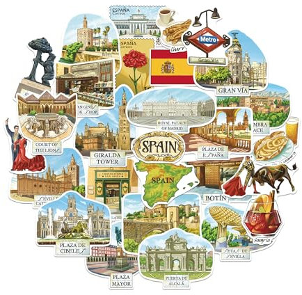 Navy Peony Central-Southern Spain Travel Stickers (28pcs) - Gouache Style, Madrid, Seville-Themed Vacation Decals for Scrapbooks, Journal, Tumbler