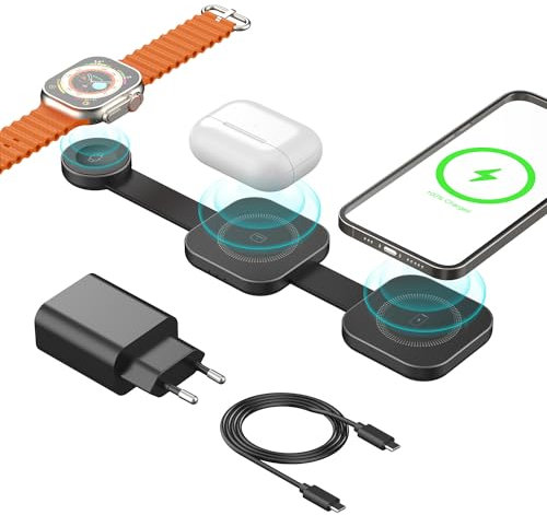 PINRUIGE 3-in-1 Kabelloser Ladeständer, 15W Schnelles Faltbare Magnetische Ladestation für iPhone 15/14/13/12 Serie, AirPods Pro 2/1, Apple Watch (Inklusive USB-C Netzteil und Kabel) - Schwarz