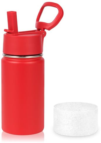 Volhoply 410ml 14oz Kids Stainless Steel Insulated Leakproof Tumbler Water Bottle with Straw Lid and Silicone Boot,BPA-Free Easy Use for Boys&Girls,Double Wall Vacuum Bottles(Red,1)