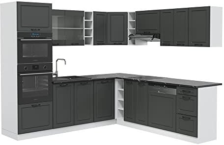 Vicco Eckküche R-Line, Anthrazit Landhaus/Weiß, 237 x 247 cm, AP Anthrazit