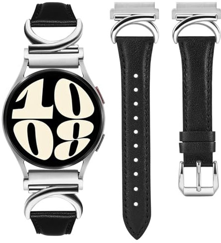 TOYOUTHS Lederarmband kompatibel mit Samsung Galaxy Watch 7/6/5/4/Active 2 40mm 44mm Damen, 20mm Schlank Elegant Dressy Armbänder mit C-förmiger Schnalle für Watch 6 Classic/Watch FE, Schwarz/Silber