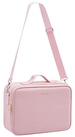 Kosmetiktasche mit Spiegel, Make up Tasche mit Spiegel-3 Farben LED Licht, Tragbare Schminktasche mit Verstellbaren Trennwänden, Kosmetikkoffer (Rosa)