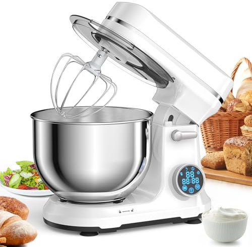 BioloMix Kitchen Food Stand Mixer, 1200W 11-Speeds DC Quiet Motor, Digital OLED Screen, Electric Food Mixer with Dough Hook, Whisk, Beater (BM602E-White)