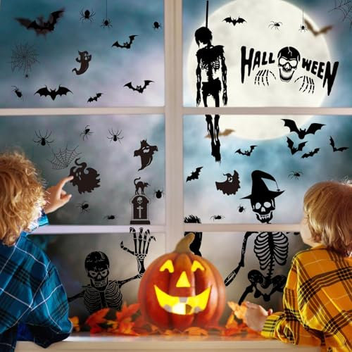 Oemmn Halloween Sticker: Schwarz Schädel Fensteraufkleber, 9 Blätter - Wasserfest, Wiederverwendbar, PVC-Material, Ideal für Fenster, Glasflaschen & mehr