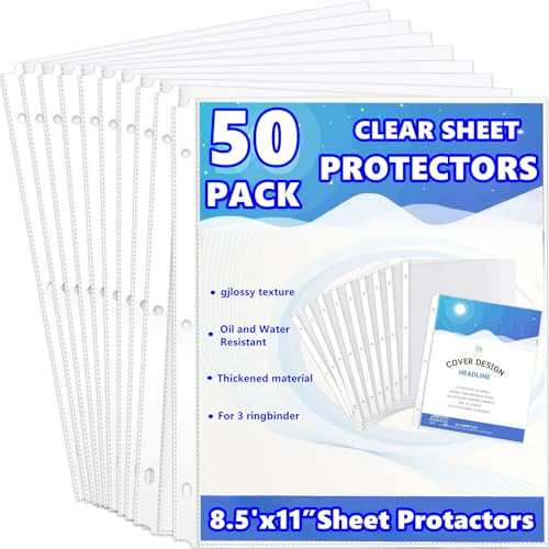 Sheet Protectors 8.5 x 11 inch Clear Page Protectors for 3 Ring Binder,50 Pack Plastic Sleeves for Binders，Top Loading Plastic Sleeve for Binders, Letter Size, documents and Photos, Office Supplies.