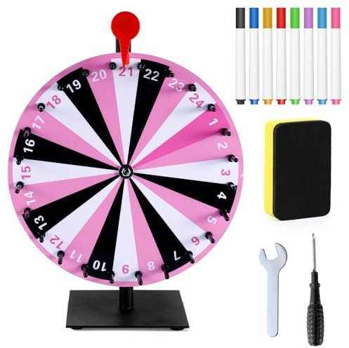 NQEUEPN Glücksrad, 24 Glücksrad mit Fächern Stabile Basis Drehbare Räder Glücksrad Tisch-Glücksrad Roulette-Rad Tombola-Rad für Glücksspiel Partyspiel (Rosa)