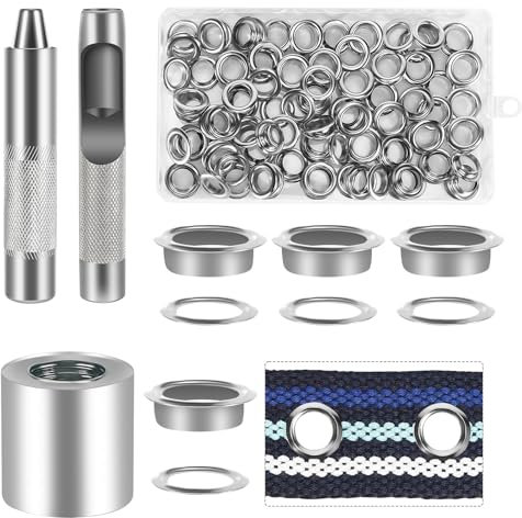 Pavlleen 120 Pièces Trousse à Oeillets pour Bâche, œillets de Couture 12mm, Oeillet INOX, Grommet Kitavec 3 pièces Outil, Ensembles Oeillets, pour Toile Bâche, Chaussures, Vêtements (Argent)