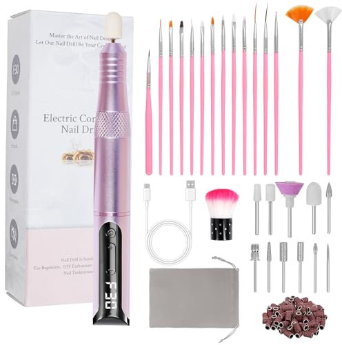 Electric Nail Files, Professional Cordless Electric Nail Drill 30000RPM Rechargeable Nail File Kit with LCD Display 6 Speeds for Gel Nail Polish Acrylic Nails Thick Toenails Removal