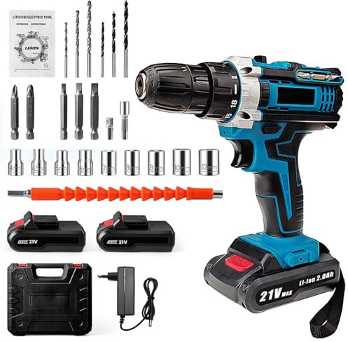 Perceuse Visseuse Sans Fil 21V, Visseuse Devisseuse avec Batteries, 18+1 Réglages de Couple, 32Nm Percussion, 2 Vitesses, avec Lampes LED, 24 Accessoires, Pour le Perçage, le Meulage et la Coupe