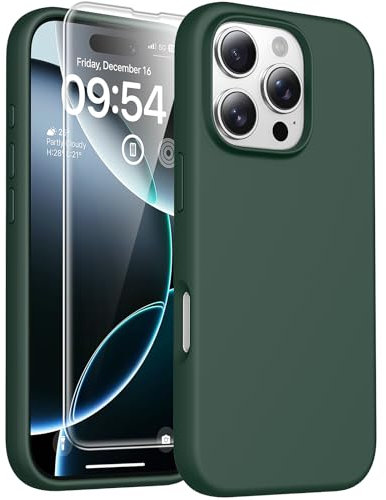 TOCOL 3 in 1 Silicone for iPhone 16 Pro Case 6.3-Inch, with 2 Pack Tempered Glass Screen Protector, Liquid Silicone Slim Silky-Soft Touch Multi-Color Anti-Scratch Shockproof Cover, Alpine Green